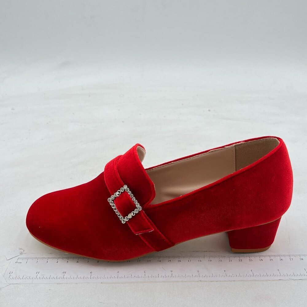 Red Velvet Low Block Heel Loafer with Decorative Buckle